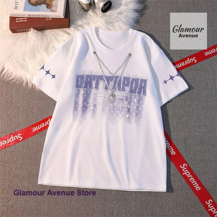 

American style letter printing short sleeve necklace T-shirt female summer new loose couple hole chain casual Joker top.