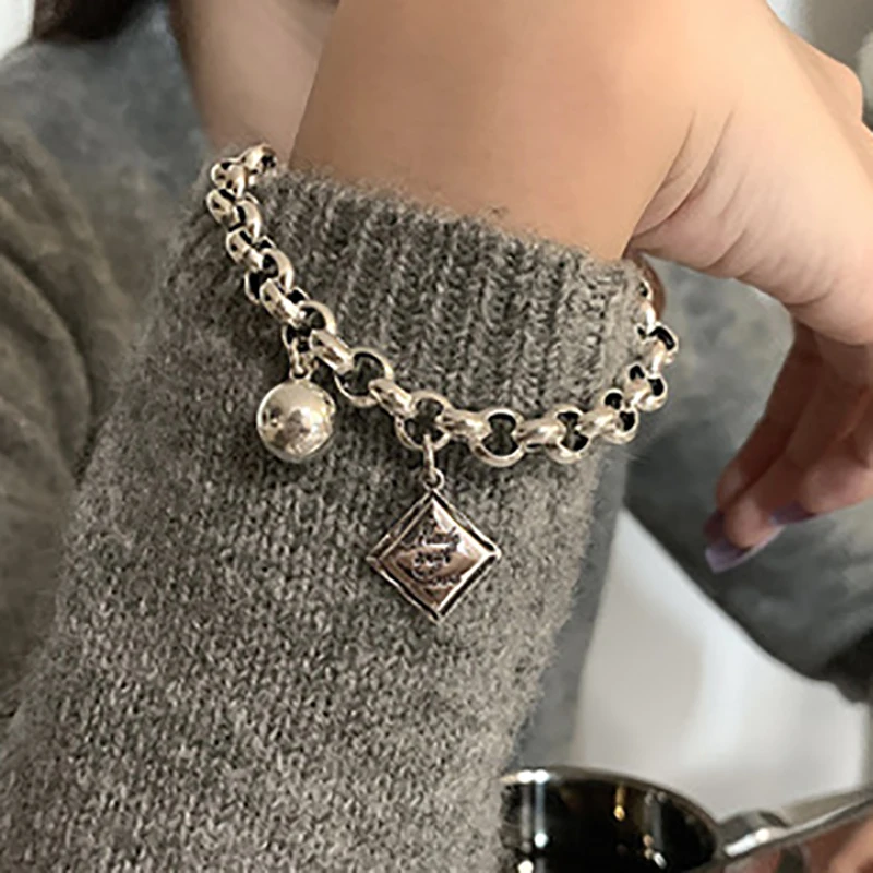 FOXANRY English Letter Tag Punk Brcacelet for Women Couples INS Fashion Vintage Handmade Ball Pendant Party Jewelry Gifts