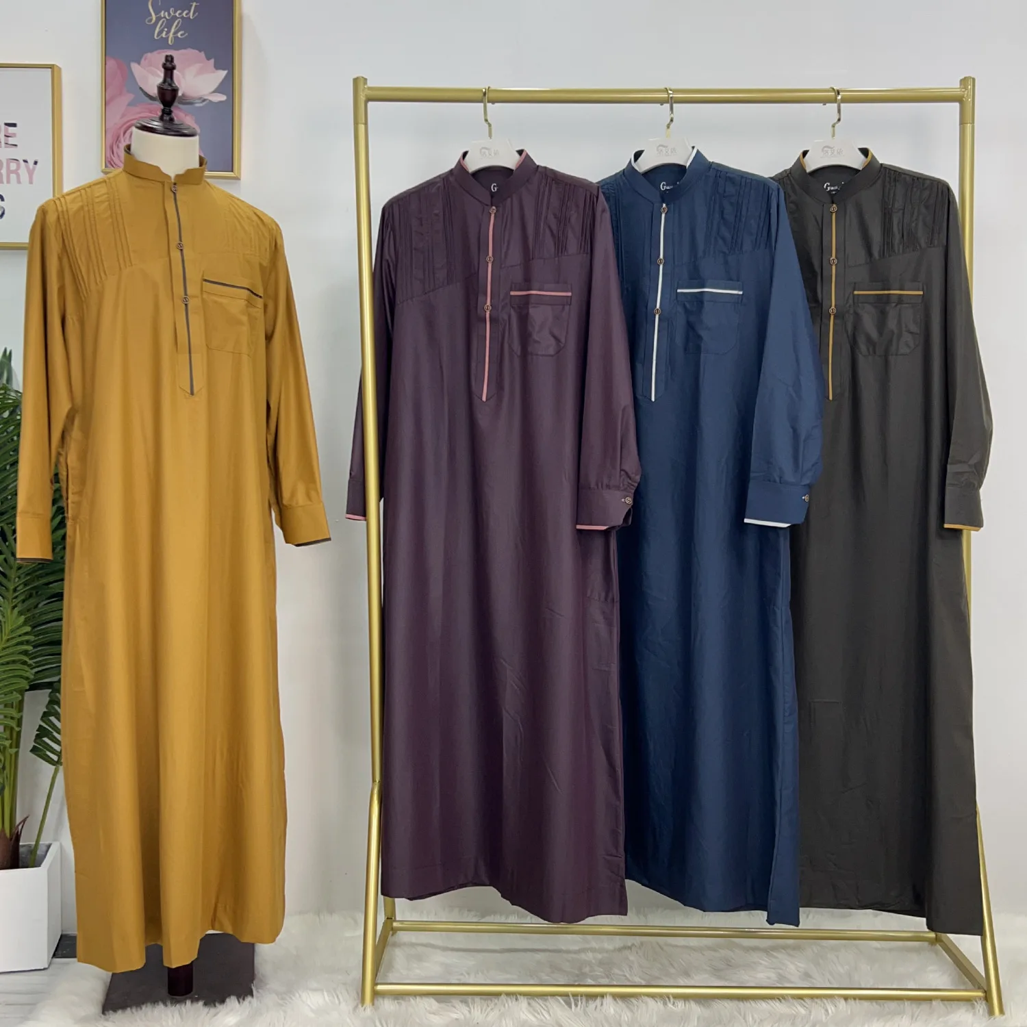 Men's Muslim Robe Ramadan Jubba Kaftan Djellaba Arabian Robe Prayer Robe Long Sleeve Loose T-shirt Dress Buttons Tunic Islamic