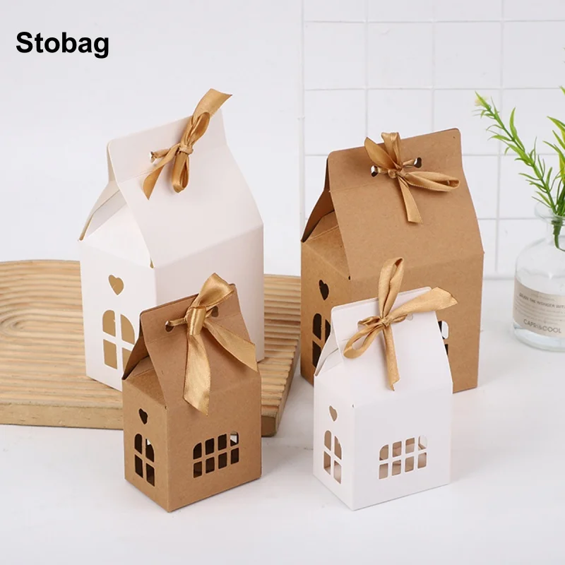 

StoBag 12pcs White Kraft Paper Small House Gift Candy Box with Bow Kids Children Biscuit Packaging Storage Birthday Party Favor