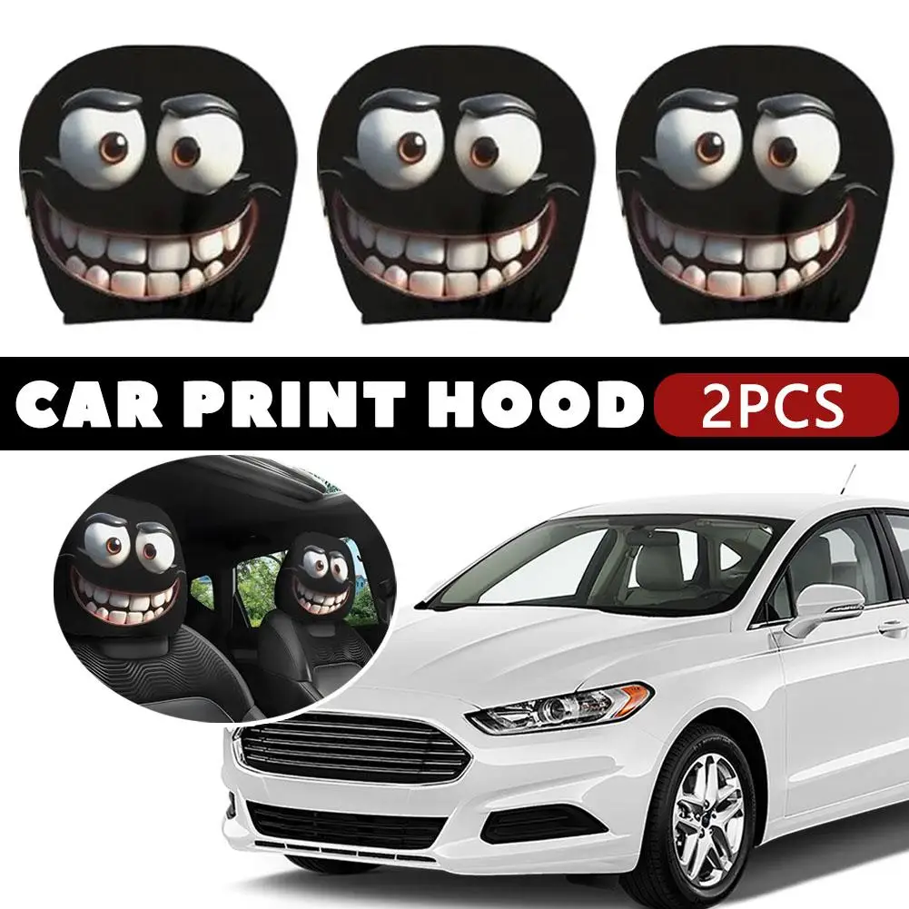 2PCS Smiley Face Printed Car Headrest Covers Pillowcase Soft Comfortable Washable Cartoon Funny Face Auto Seat Decoration