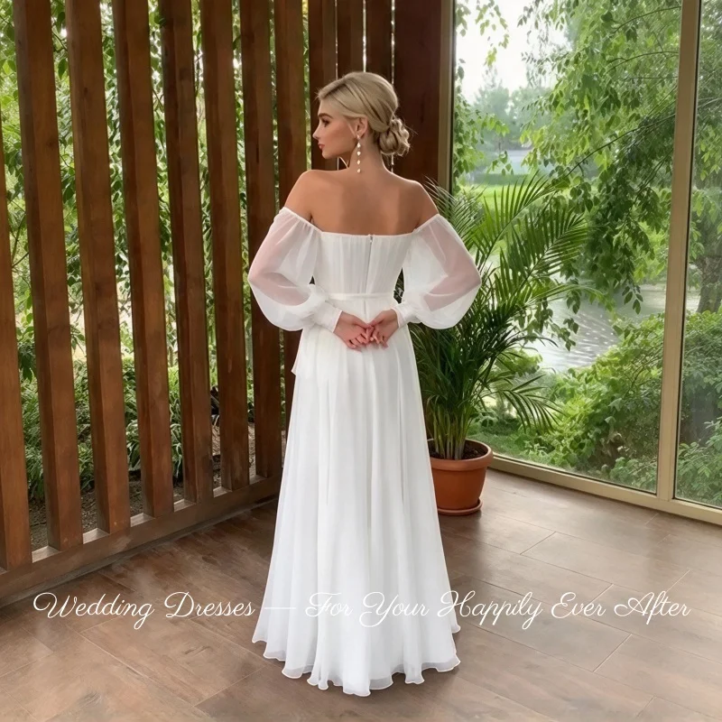 Elegant Chiffon A-line Wedding Dress Off Shoulder Long Puff Sleeve Pearls Bridal Gown Vestidos De Novia Customized