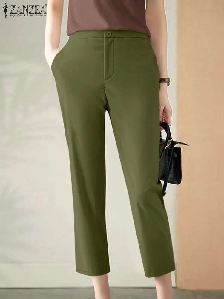 ZANZEA 2024 Vintage Khaki Cropped Trousers Women Radish Leg Long Pants Korean Office Mid Waist Pencil Pantalon Work Calf Pants