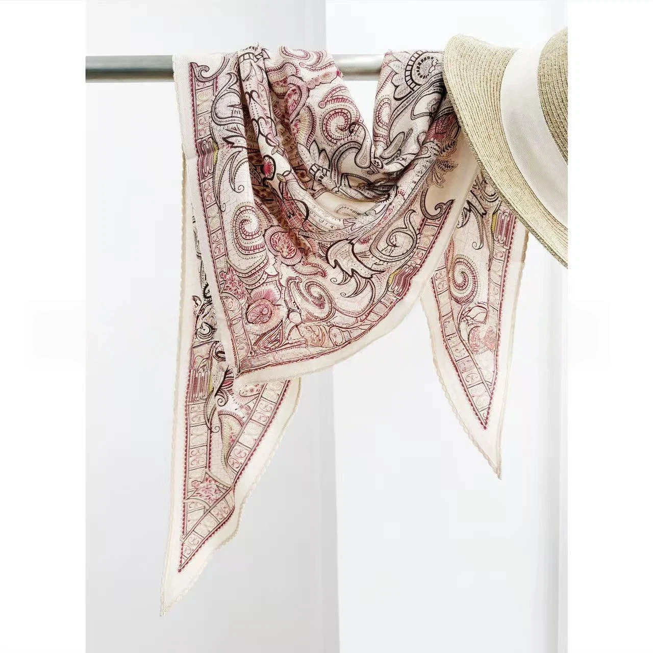 70% Wool 30% Silk Women's Stole Bohemian Ethnic Pink Paisley Print Square Scarf Silk Wool Shoulder Capes Women Accessory