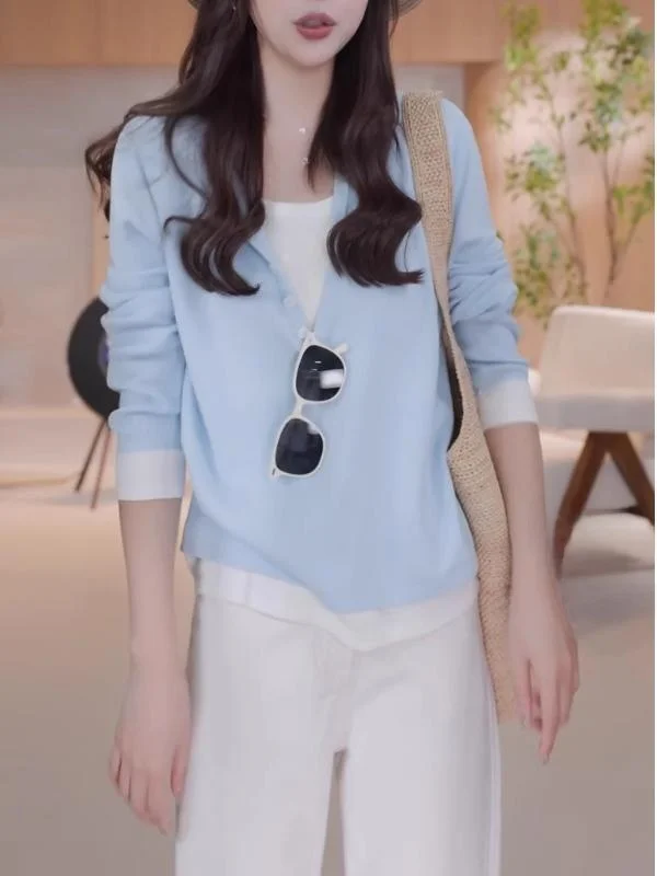 

plus Size Knitted Top Loose Belly Covering Base Layer Slimming European Sle Casual Loose Fit Long Sve V-Ne T Top