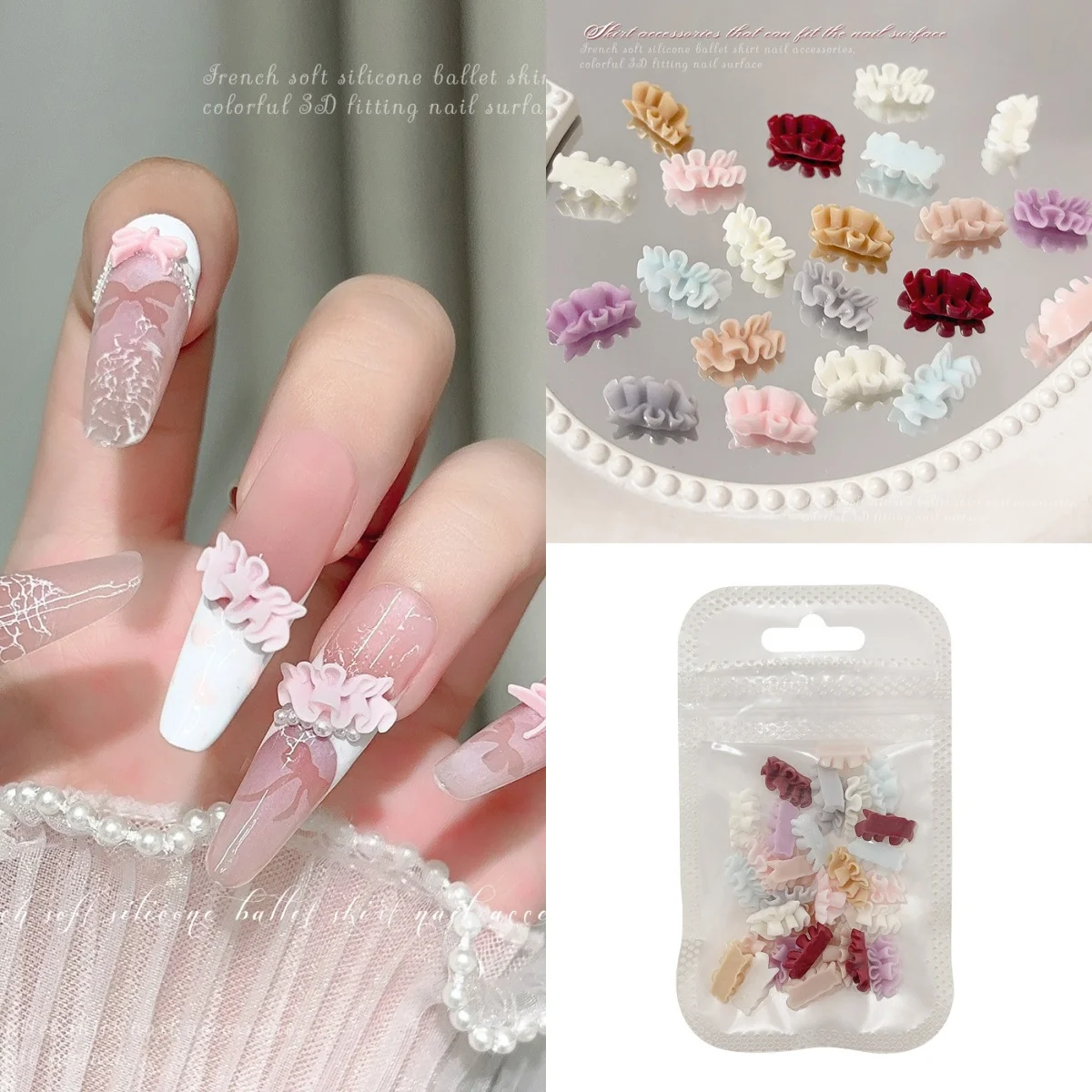

Kawaii Colorful 3D Lace Ballet Skirt Hem Carved Curved Resin Bowknot Nail Art Rhinestones Decoration Manicure French Ornaments