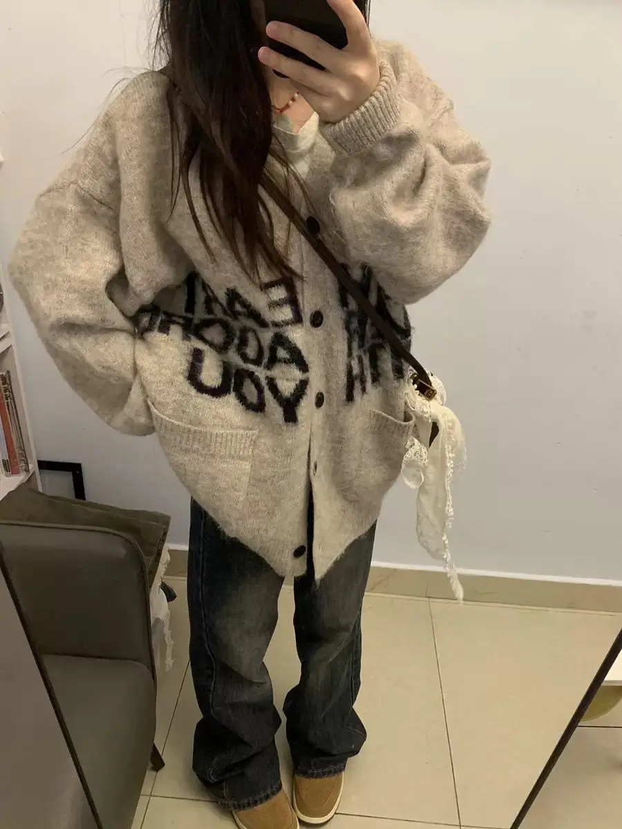 

Women's Alphabet Print Pattern Sweater Cardigan Early Autumn Fashion Thin Coat Female Comfortable Long Sleeves Loose Knitwear