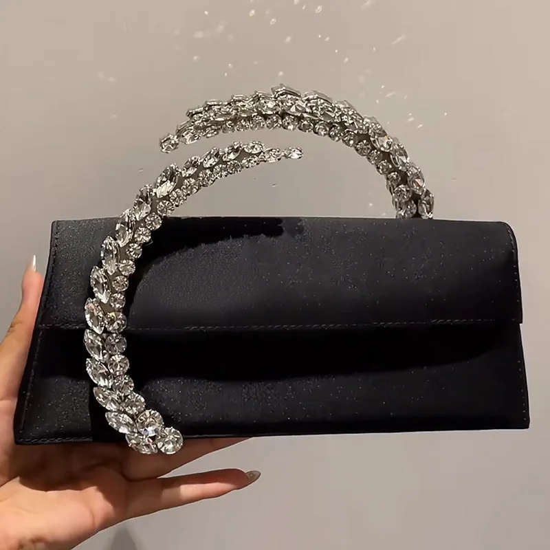 Famous Diamond Embedded Satin Handbag Women's Evening Bag Handheld Bag Fashionable Small Size Crossbody Soft Polyester