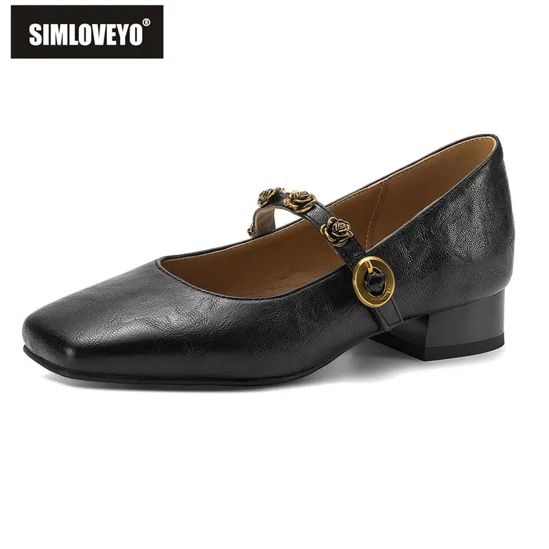 

Женские бежевые туфли SIMLOVEYO без каблука с квадратным носком, ремешком на пряжке и цветочным декором, большие размеры 41, 42, 43. Повседневная офисная обувь ручной работы, мягкая и удобная.