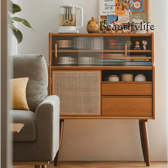 Nordic solid wood dining side cabinet, locker, simple small apartment, household TV storage, high-foot rattan cabinet