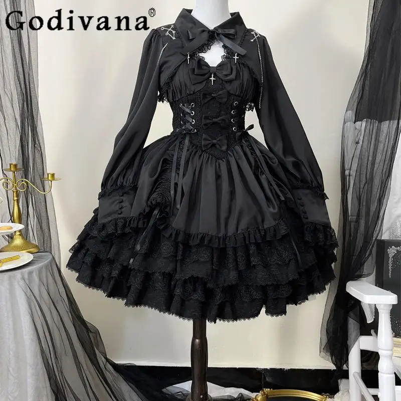

Female Original Design Lolita Dress Set Dark Gothic JSK Strap Dress and Black Cape Suits Women's Japanese Style Dress Outfits