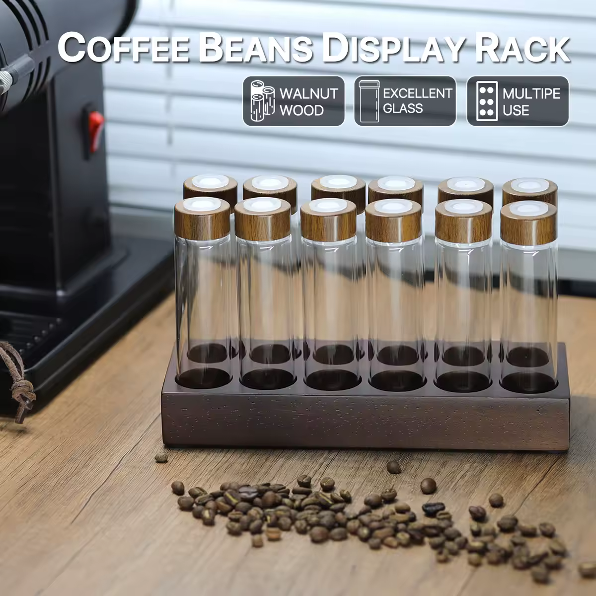 Contenedor de almacenamiento de granos de café, estante de exhibición con válvula de aire, botella de tubo de té de nogal, accesorios de Espresso de vidrio, juegos de herramientas de Barista