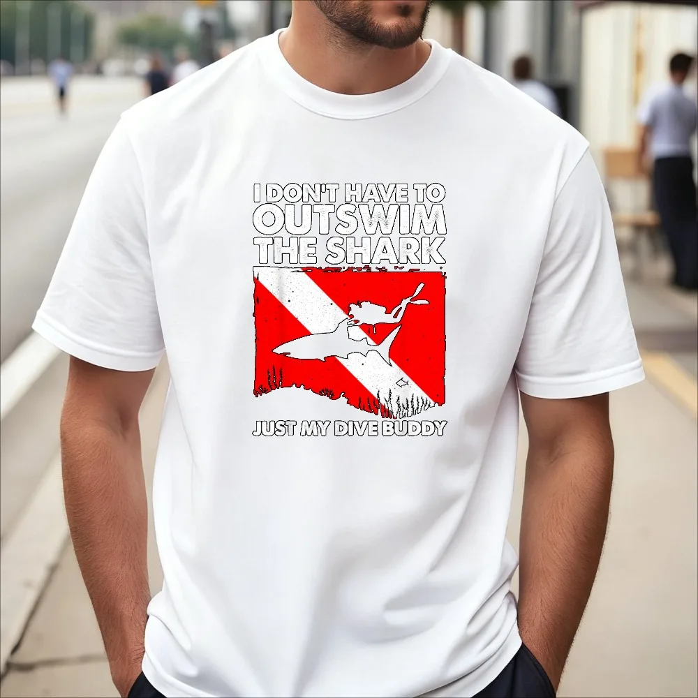 I Dont Have To Outswim The Shark Funny Scuba Diving Design Graphic Printed Retro T-Shirt Casual Fashion Loose Summer Tees