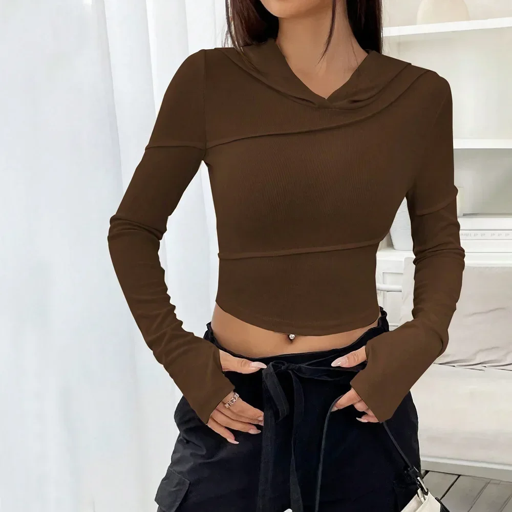 

Pop Spring Autumn Women's Street Fashion Style V-neck Sweatshirt Slim Bottoming Hooded Top For Women Solid Color Bottoming Shirt