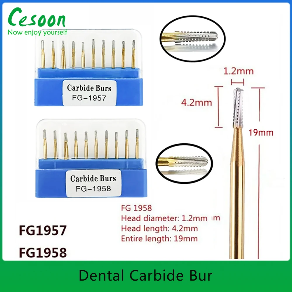 10Pcs/Box Dental Carbide Bur High Speed Tungsten Steel Crown Metal Cutting Burs FG1957/FG1958 Gold-Plated Dentist Lab Materials