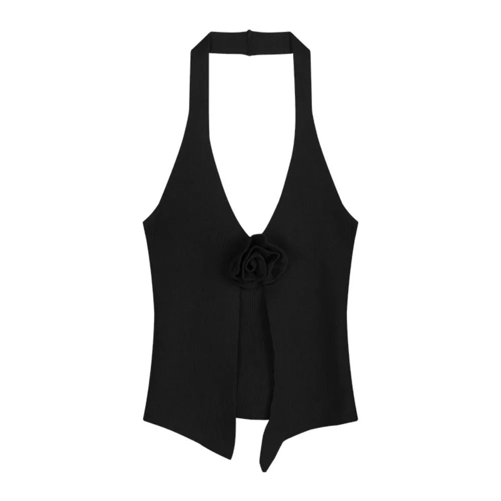 

Chic Deep V 3D Flower Hanging Tops Irregular Y2k Strap Sleeveless Crop Top Slim Fit Vest Neck Halter Camisole Lady