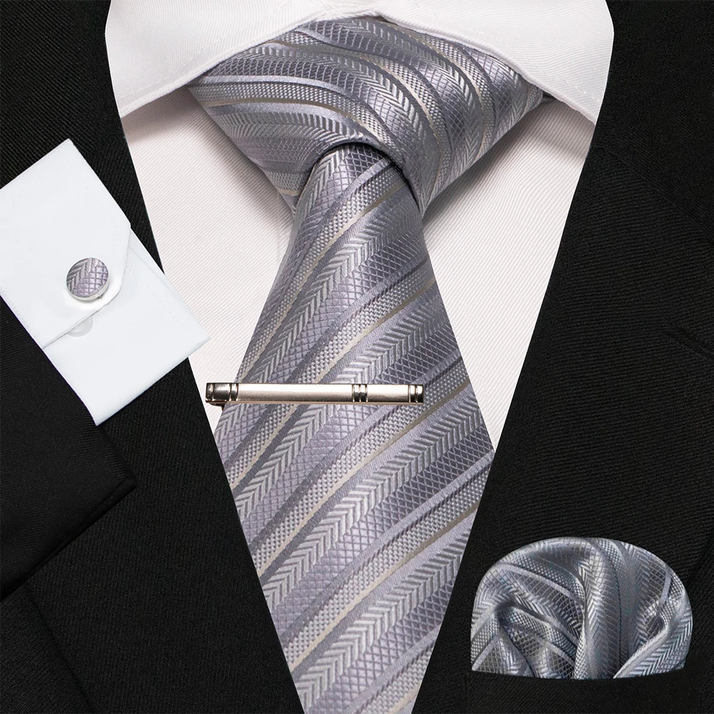 KAMBERFT Marineblau Gestreifte Seidenkrawatte für Herren, Modisches Design, Geschenkset mit Taschentuch und Manschettenknöpfen, Business-Party-Gravata – Detail 14