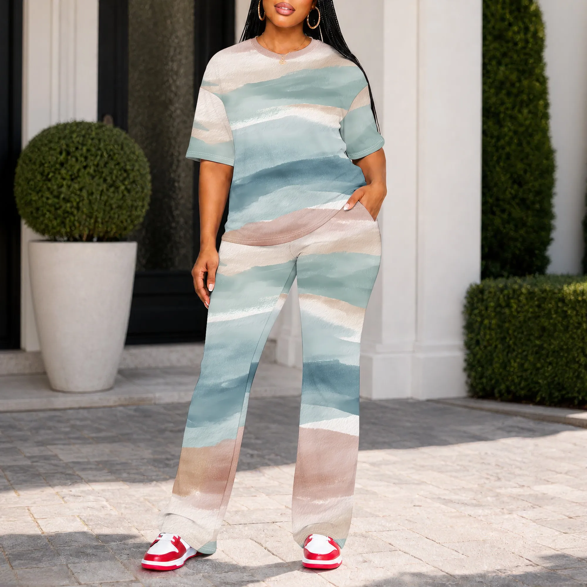 Abstract Watercolor Print, Short Sleeve Top And Pants Set, Casual Loungewear Outfit, Beach Vacation Pajamas, S-2XL