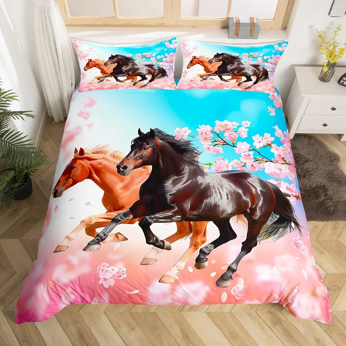 Cherry Blossom Horse Comforter Cover Twin for Kids Boys, Wild Animal Bedding Set Galloping Horse Duvet Cover with 2 Pillowcase