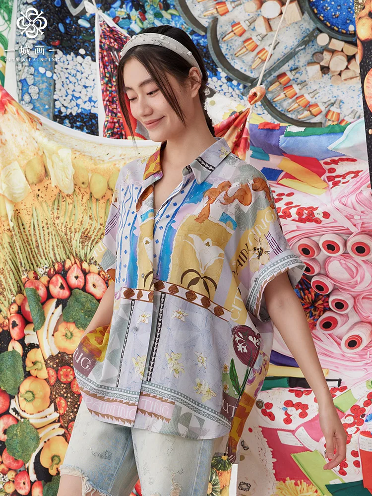 

Дышащая повседневная женская рубашка средней длины в стиле Lazy Sle с индивидуальным дизайном, с лимонным узором, короткий рукав, из смесового льна