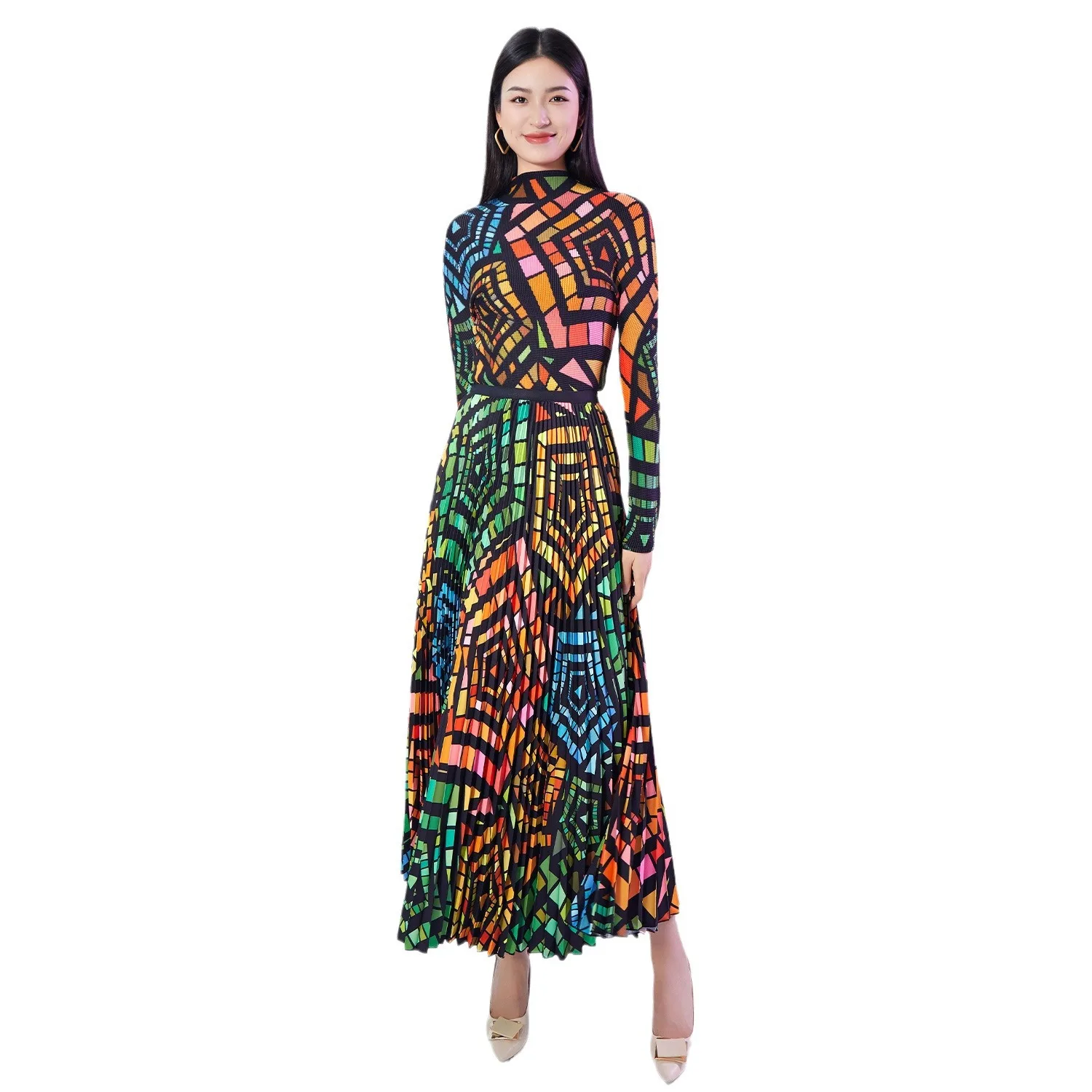 Folded Two-piece Skirt Set for Autumn and Winter 2024, New Printed Slim Fit Long Sleeved Top, Elastic Waist Skirt Set