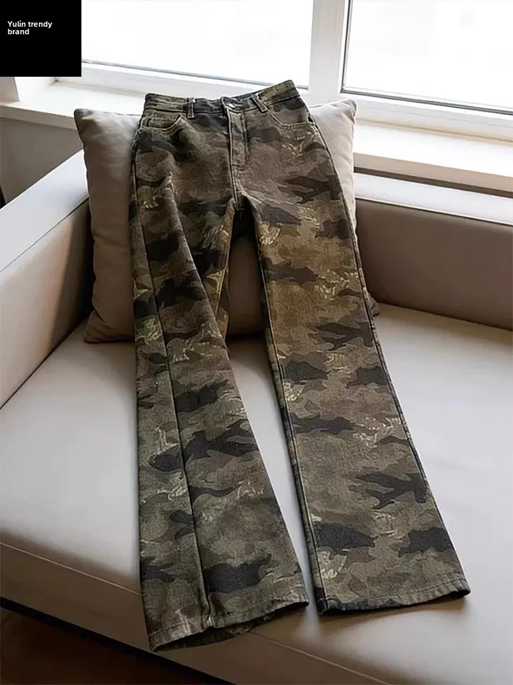 

American Sle Retro Camouflage Jeans Men's Slim Fit Cleanfit Pants mid Waist Straight Leg Micro Flared Trousers for Spring