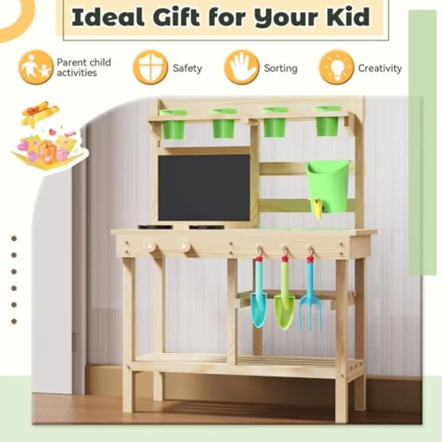 杉材製屋外遊び用キッチン（泥遊び用、水栓付き、両面黒板、収納棚、カップ、取り外し可能なシンク付き）