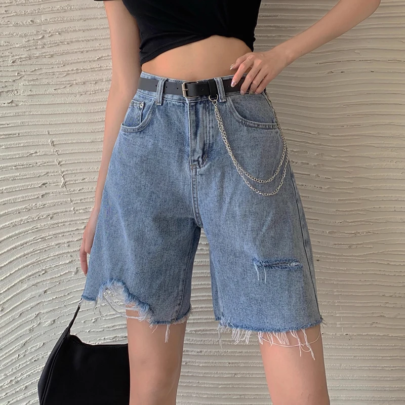 

Women's Summer Ripped Holes Denim Shorts Vintage Loose Knee Length Jeans Shorts Streetwear Girls Casual Jean Pants With Belt