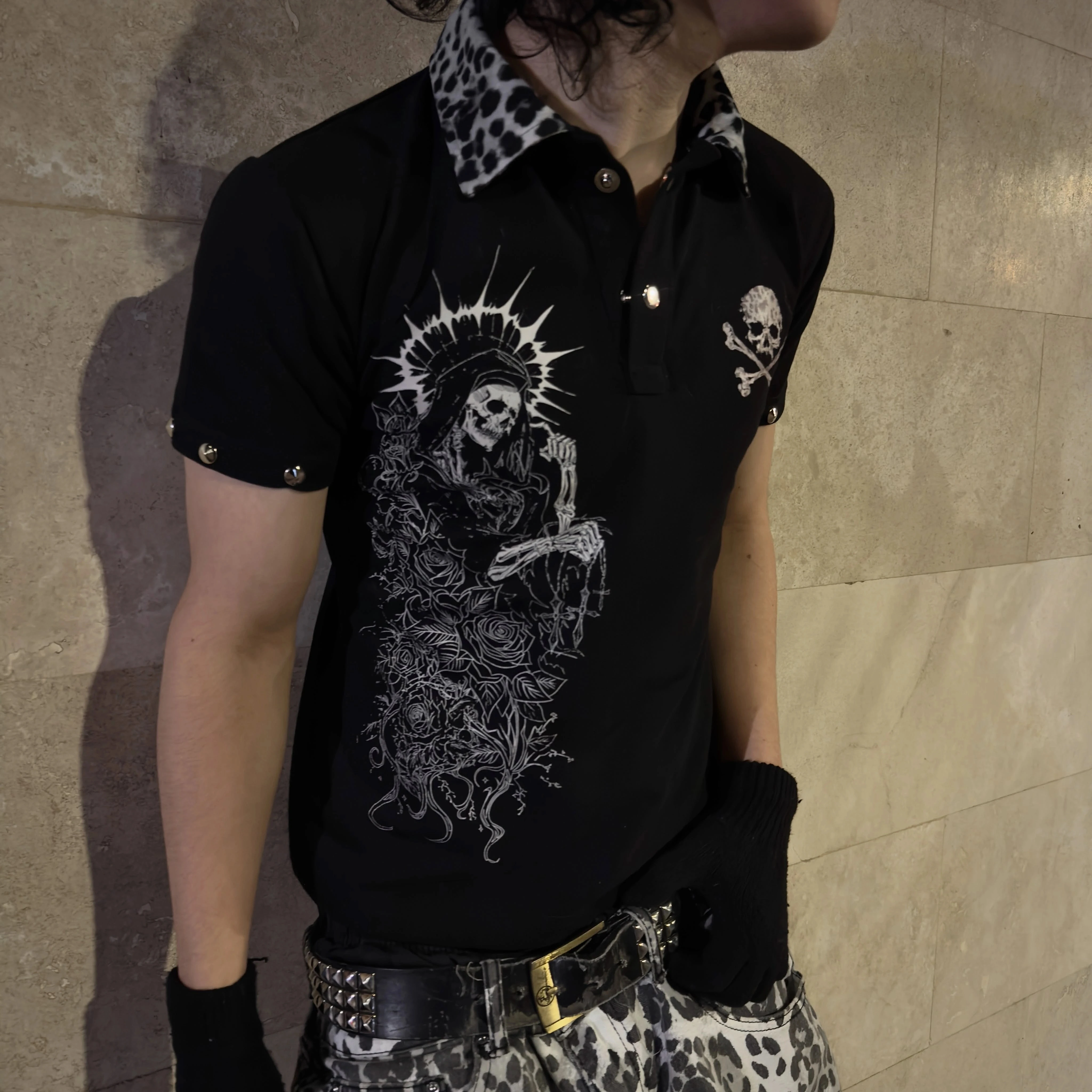 Men Leopard Print Collar Skull Grim Reaper Rose Graphic Polo Shirt Metal Rivet Short Sleeve Black Gothic Punk Slim Fit Top