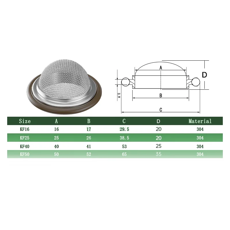 Vacuum Belt Mesh Center Fluorine Rubber Ring Bracket Stainless Steel Convex Mesh Bracket/Filter 24 Mesh KF16/25/40/KF50