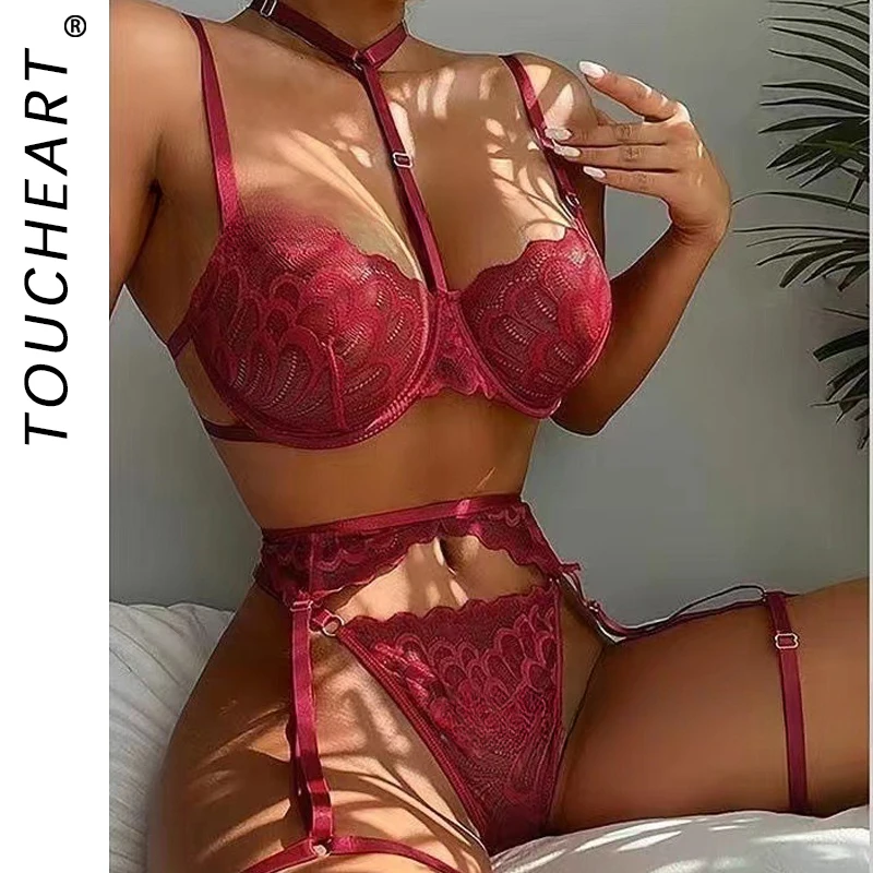 Toucheart Sexy Interesting Underwear For Women Halter Bra Garter Belt Girdle Suit Solid Color Mesh See-Through Sexy Lingerie Set