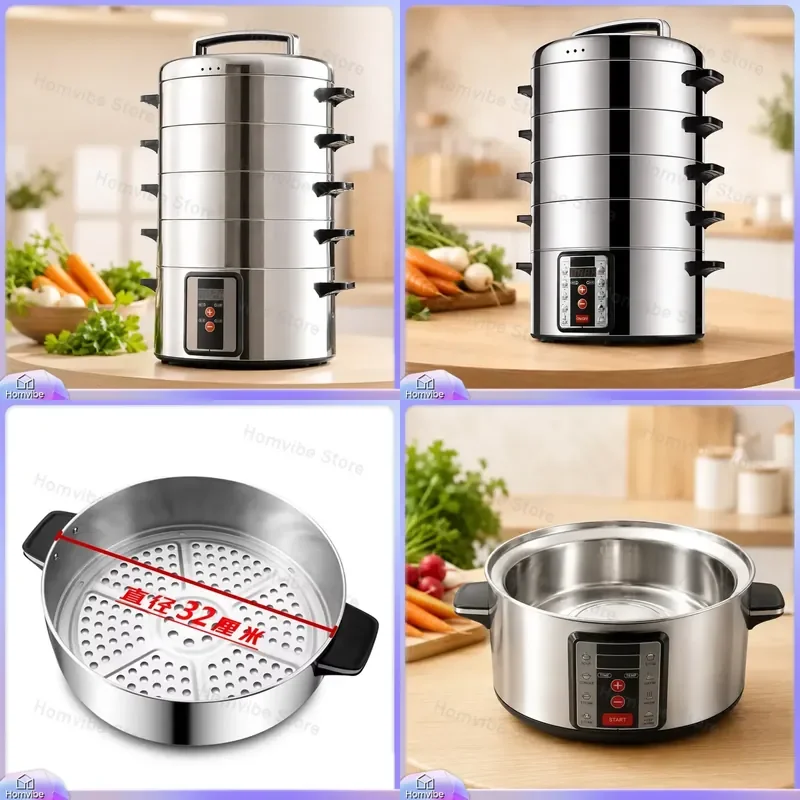 

Electric Steamer with Timer Function Multi Layer Stainless Steel Steam Cooker Large Capacity for Home and Commercial Use