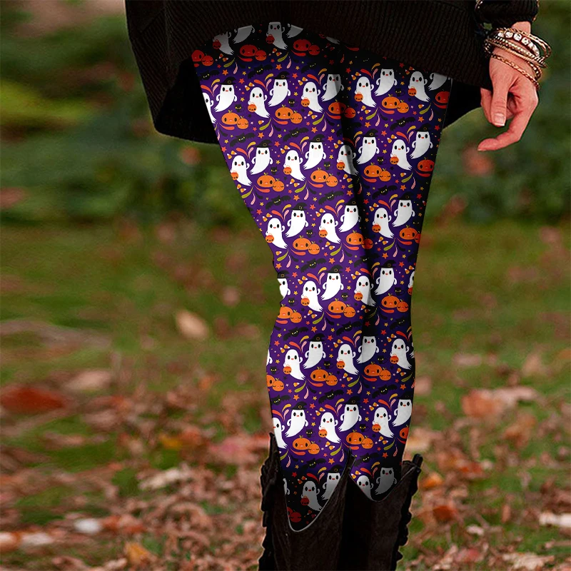 [Leggings di Halloween] Leggings colorati dal design dei cartoni animati: graziose ragazze di Halloween, leggings elasticizzati con motivi di zucca e pipistrelli, pe