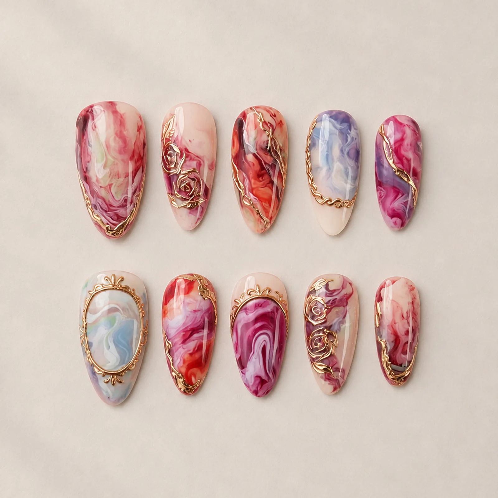 Press on Nails 3D Almond French Fake Nails French False Nails with Glue Glitter 3D Metallic Designs Sweet Cool Almond False Nail