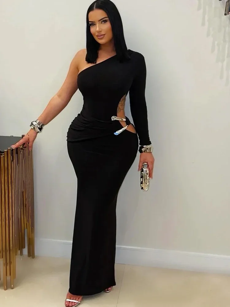 Wunderschönes, einärmliges, langes Maxikleid aus Metall mit Ausschnitten für Damen, glamouröses, einfarbiges, schmales Partykleid, Weihnachts-Outfits