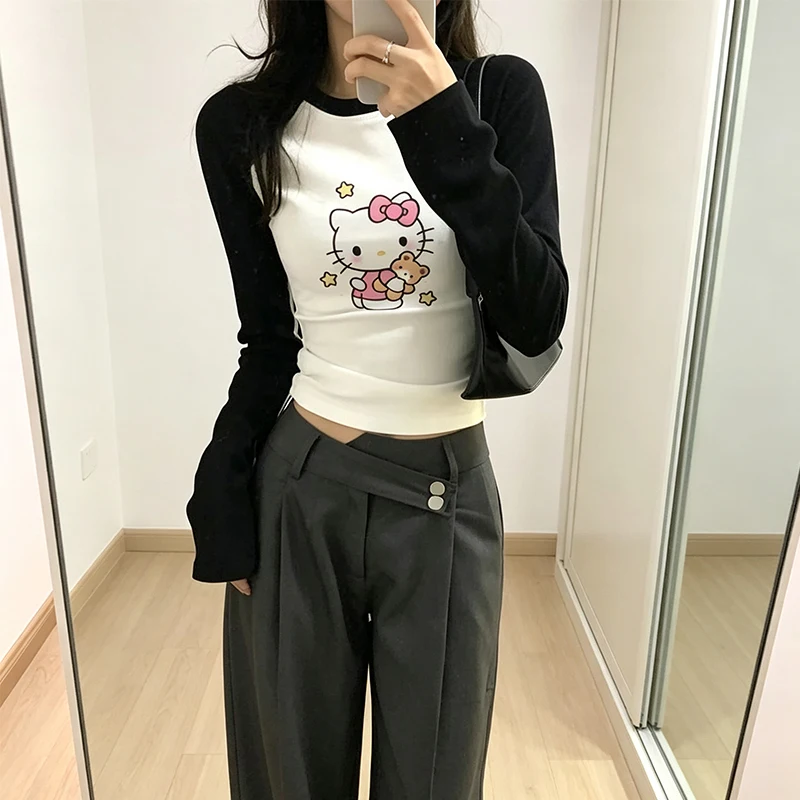 New Sanrio Hello Kittys Long Sleeve T-Shirt for Women Cute Printed Tops Spring Autumn Korean Hot Girls Sexy Slim Tops Trend Tees view 2