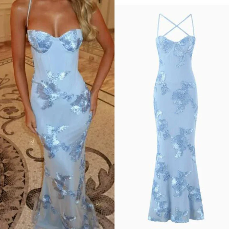 Sexy Evening Club Party Mermaid Dresses 2026 Women Summer Autumn Mesh Flower Maxi Long Dress Bodycon Bnadage Backless Robe