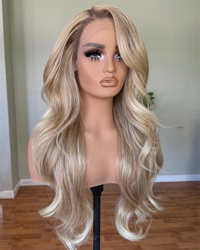 Perruque Synthétique Blond Miel avec Mèches Brunes Chaudes pour Femme, Cheveux Colorés en Dentelle Naturelle, Halloween