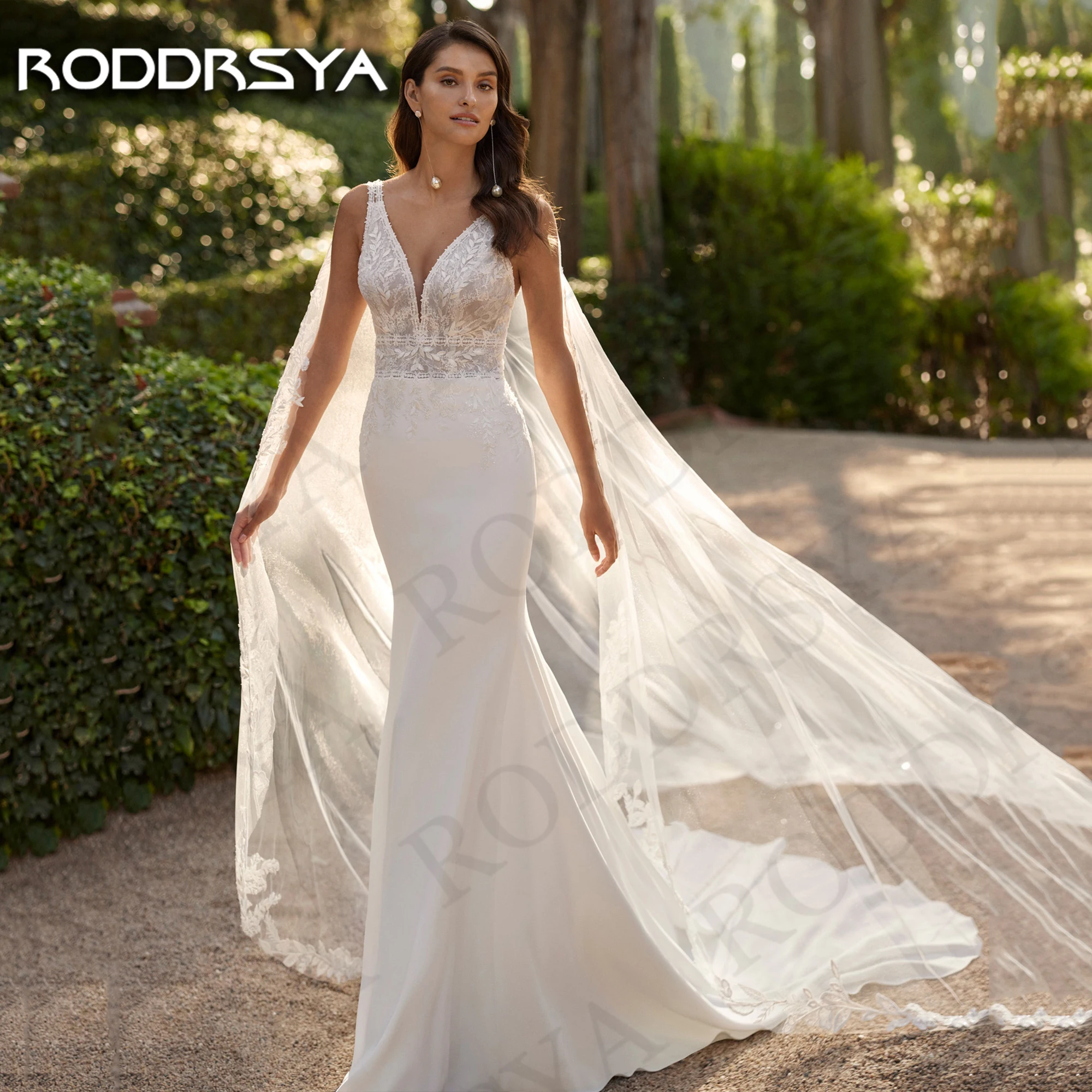 RODDRSYA Modern V Neck Wedding Dress with Shawl Backless Mermaid Bridal Dresses Appliques Tank Sleeveless vestidos novias boda