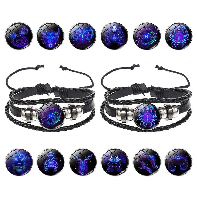 12 Constellation Zodiac Sign Charm Luminous Bracelets Men Women Vintage Multilayer Wrap Leather Chain Bangle Birthday Jewelry