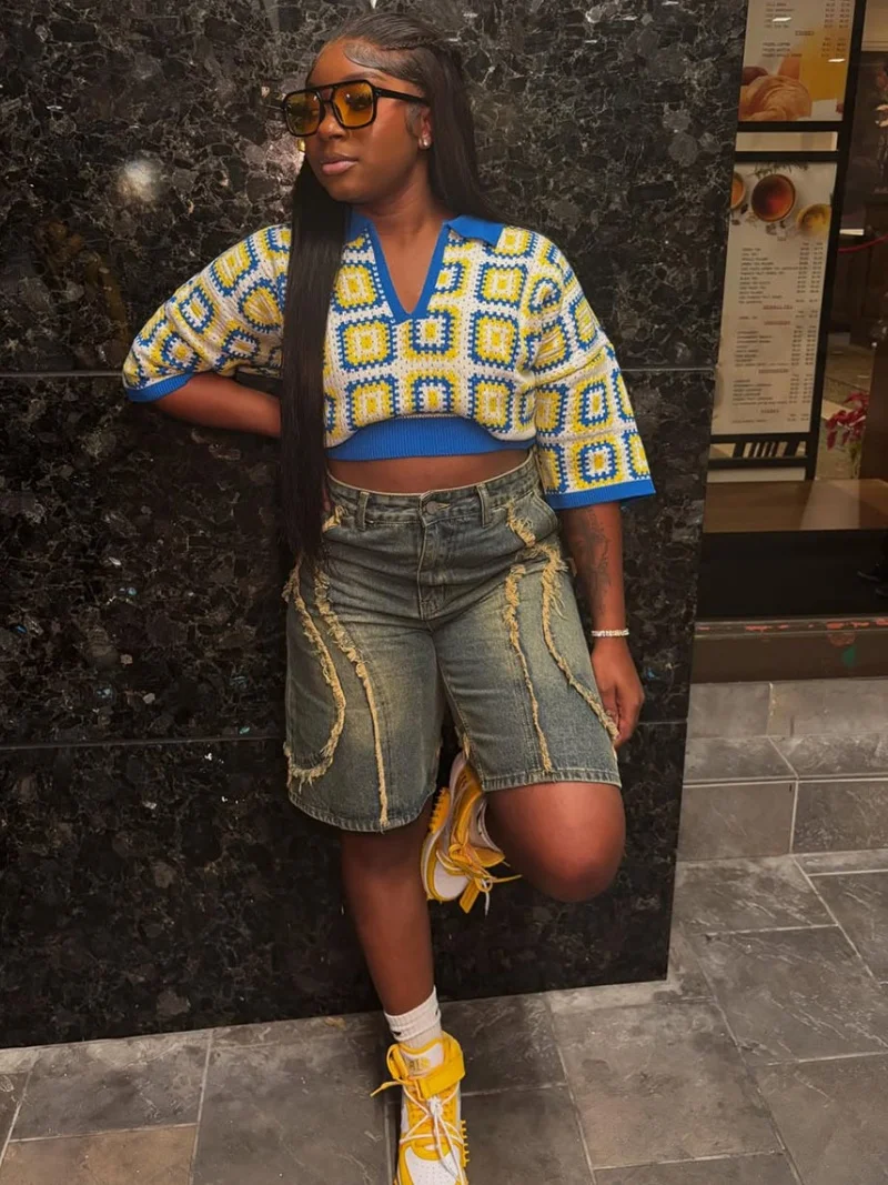 

Уличная одежда, джинсовые шорты в стиле пэчворк с кисточками, летняя одежда, женские мешковатые джинсы в стиле хип-хоп с высокой талией, шорты, ковбойские джинсовые шорты