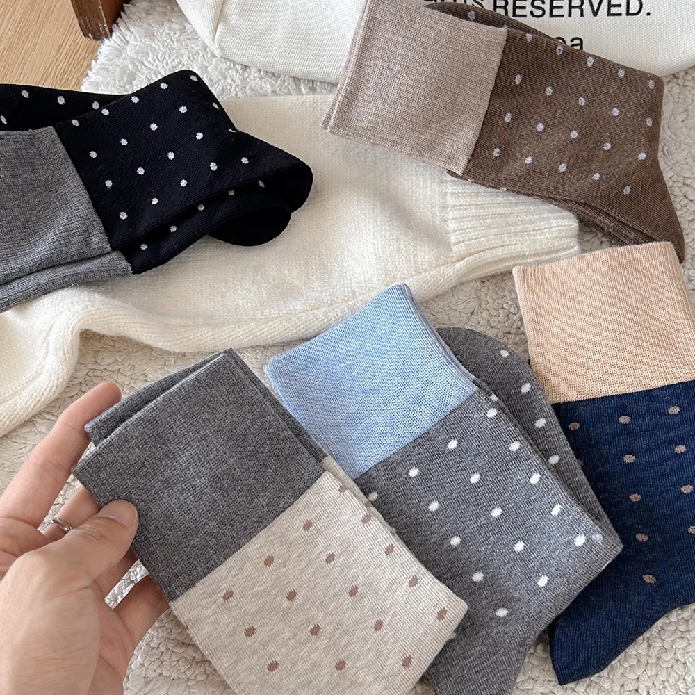 5 Pairs Gray Dot Socks for Women Mid-Calf Length Cotton Japanese Style Grip Socks Fall Winter Women's Socks Set High Quality
