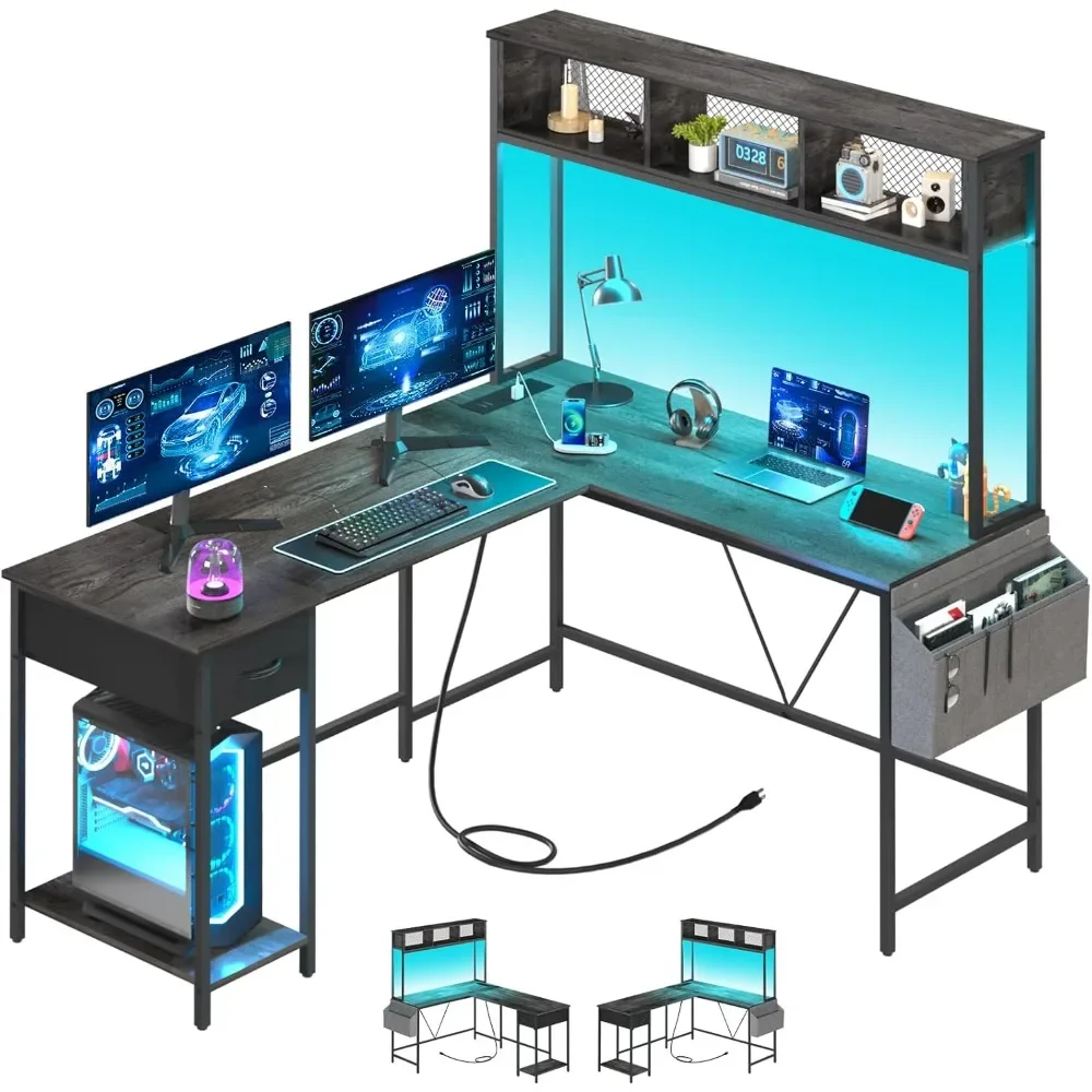 L-vormige tafel, speeltafel met LED-striplicht en stopcontact, computerbureau met opbergplanken en lades