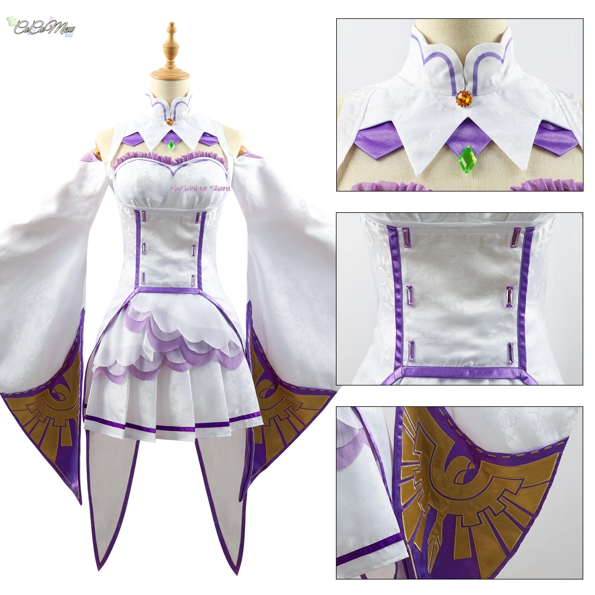 Re Zero Kara Hajimeru Isekai Seikatsu Emilia disfraces de Cosplay, peluca, oreja de elfo, vestido de mujer con tocado para fiesta de Halloween