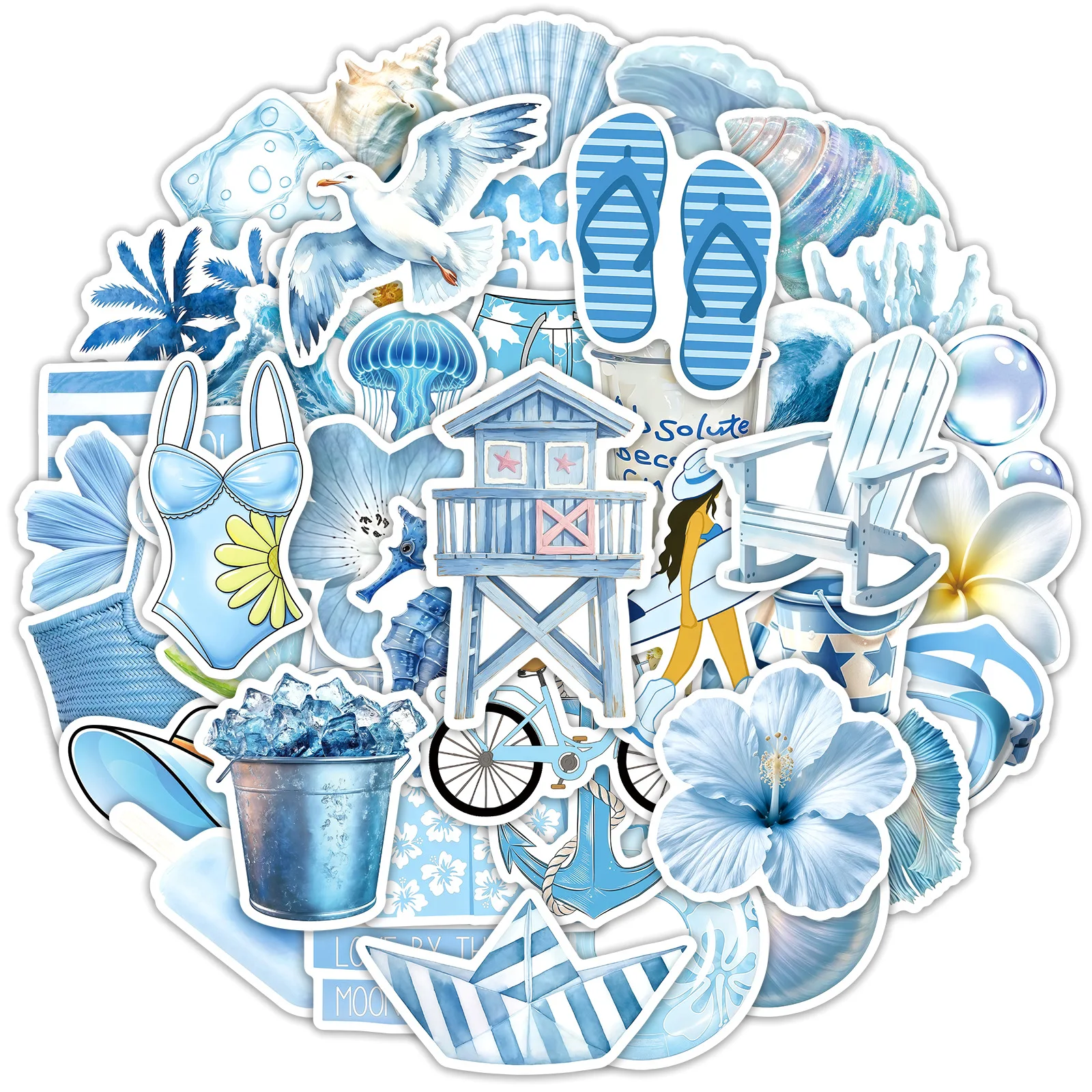 50Pcs Blue Ocean Small Fresh Cartoon Stickers Blue Style Graffiti Decal DIY Luggage Phone Guitar Scraphbook Waterproof Sticker
