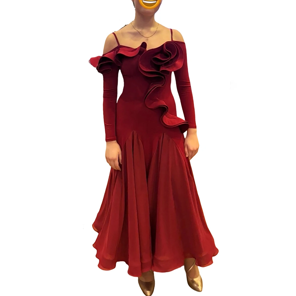 

Платье для бальных танцев на слинге, чемпионат с кружевным воротником, современный танцевальный конкурс, женский новый шифоновый костюм с длинными рукавами для выступлений