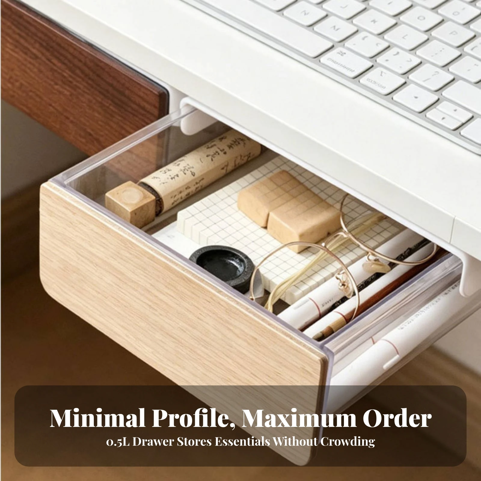 Under-Desk Organizer Self-Adhesive Under-Desk Storage Box Discreet Drawer Sturdy Pull-out Drawer Smooth for Office Workers