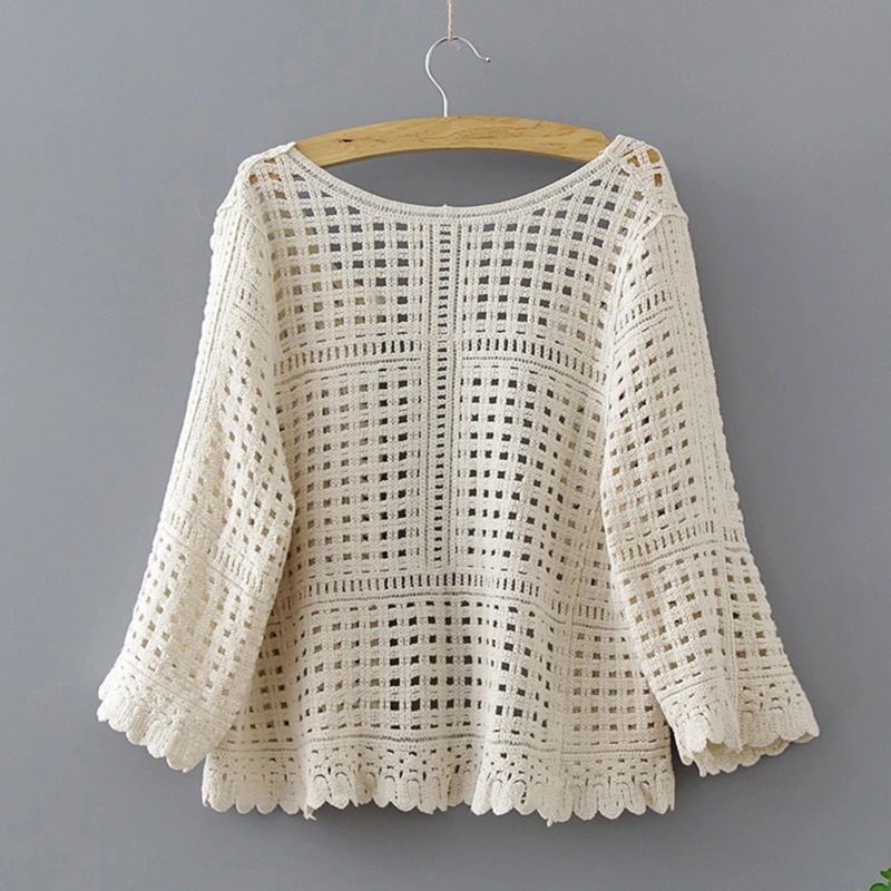 Women Spring Summer Flare 3/4 Sleeves Kimono Cardigan Hollow Out Crochet Knit Plaid Lace Cropped Jacket Sun Protection Up L21E