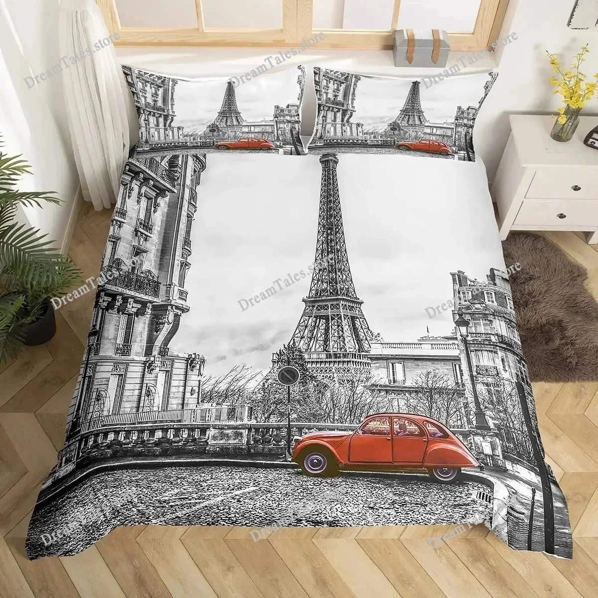 

Eiffel Tower Duvet Cover Set Paris France Bedding Sets Queen Size Old Newspaper Style Comforter Cover For Men Women,Gray Stylish