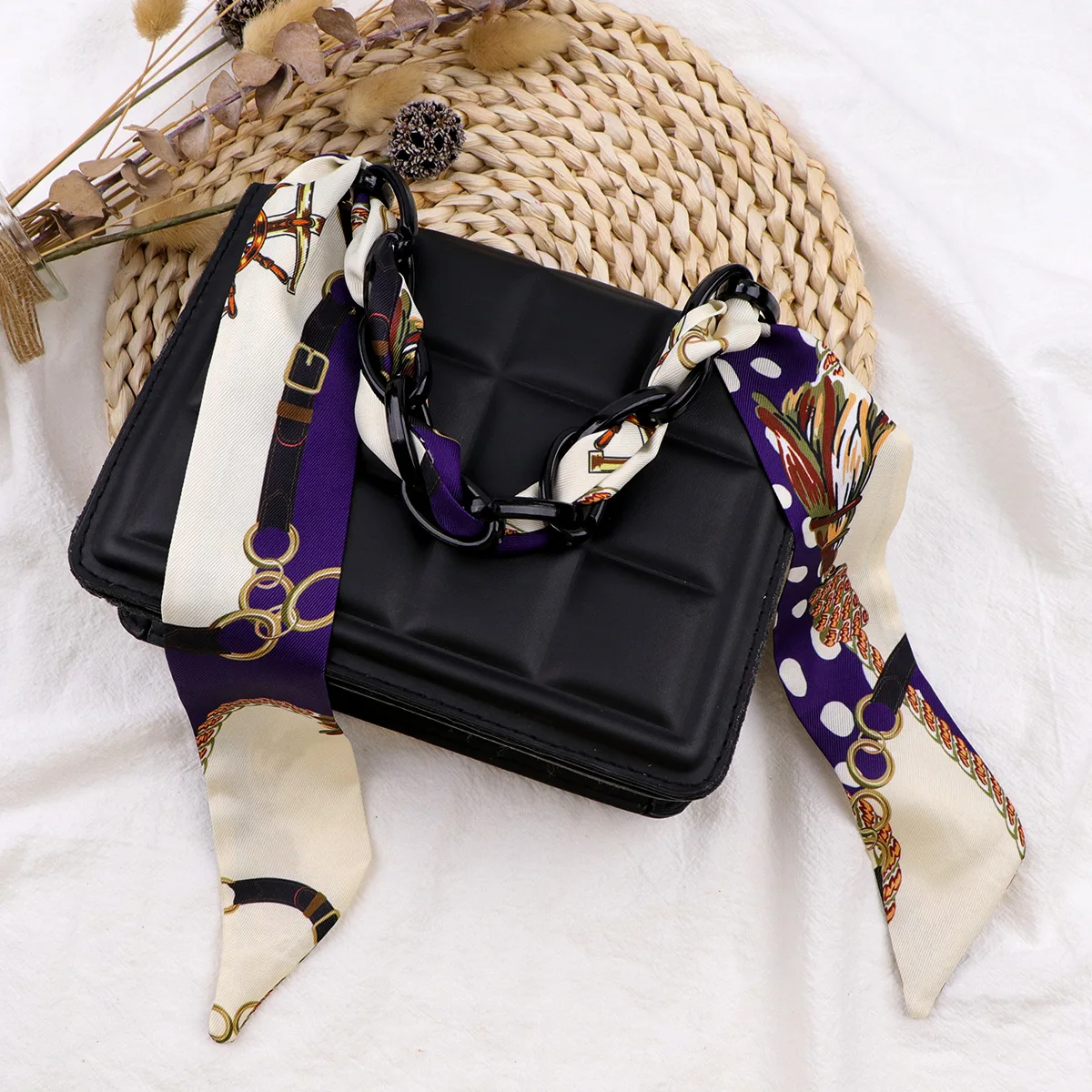 Retro Chain Skinny Scarf Women Small Bag Scarves Hair Neck Scarf For Ladies Foulard Fashion Print Neckerchief Headband